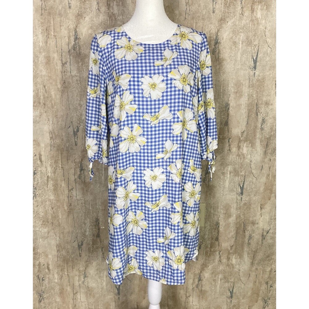 Draper James Sz 6 Blue & white Lined Sheath Dress Gingham Floral 3/4 Sleeve EUC